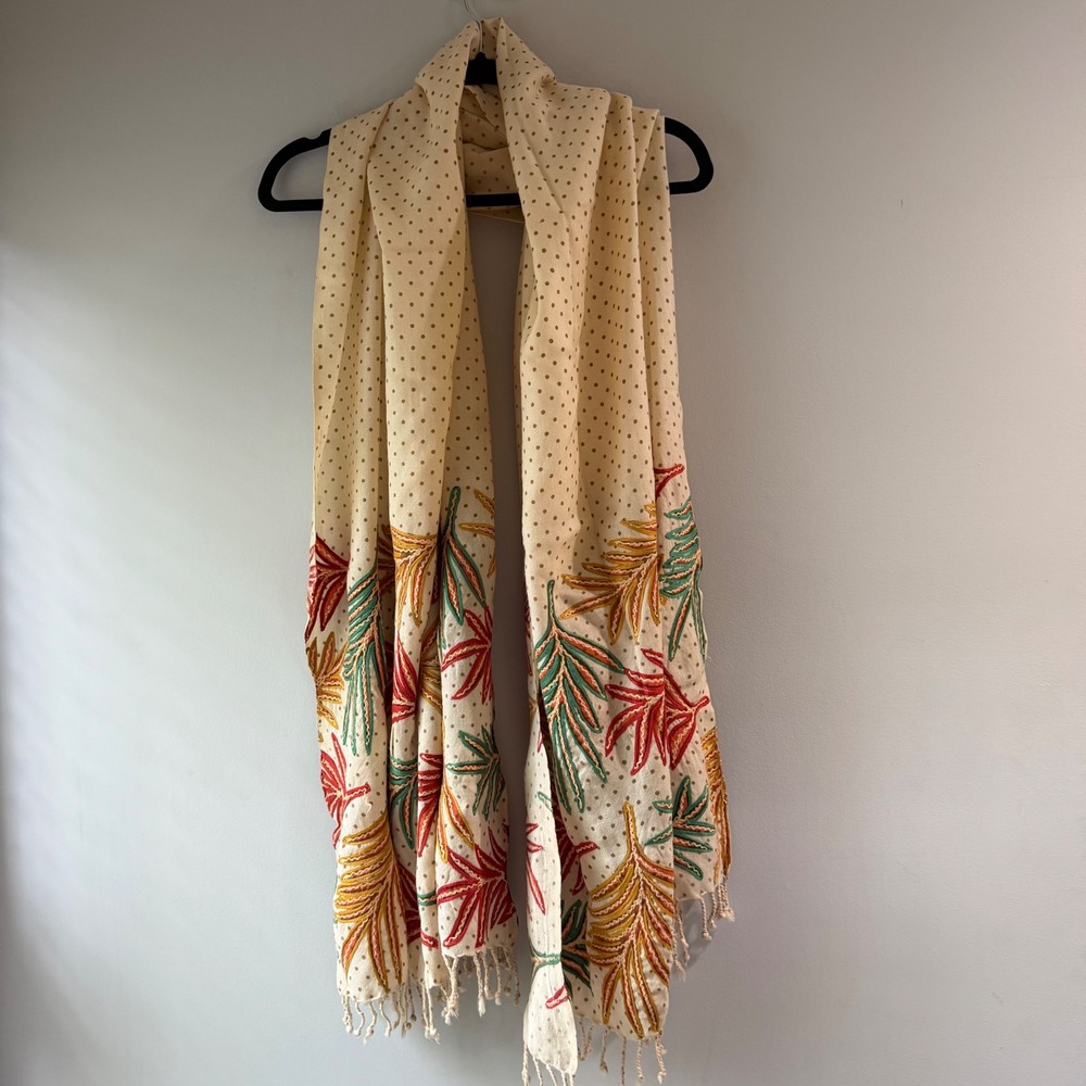 Unbranded Scarf Shawl Womens OS Cream Good Polka Dot Embroidered Tropical Fringe